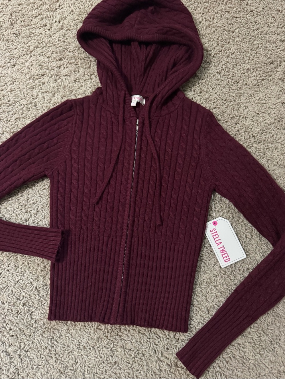Stella Tweed Hooded Cable-Knit Zip Sweater - Burgundy